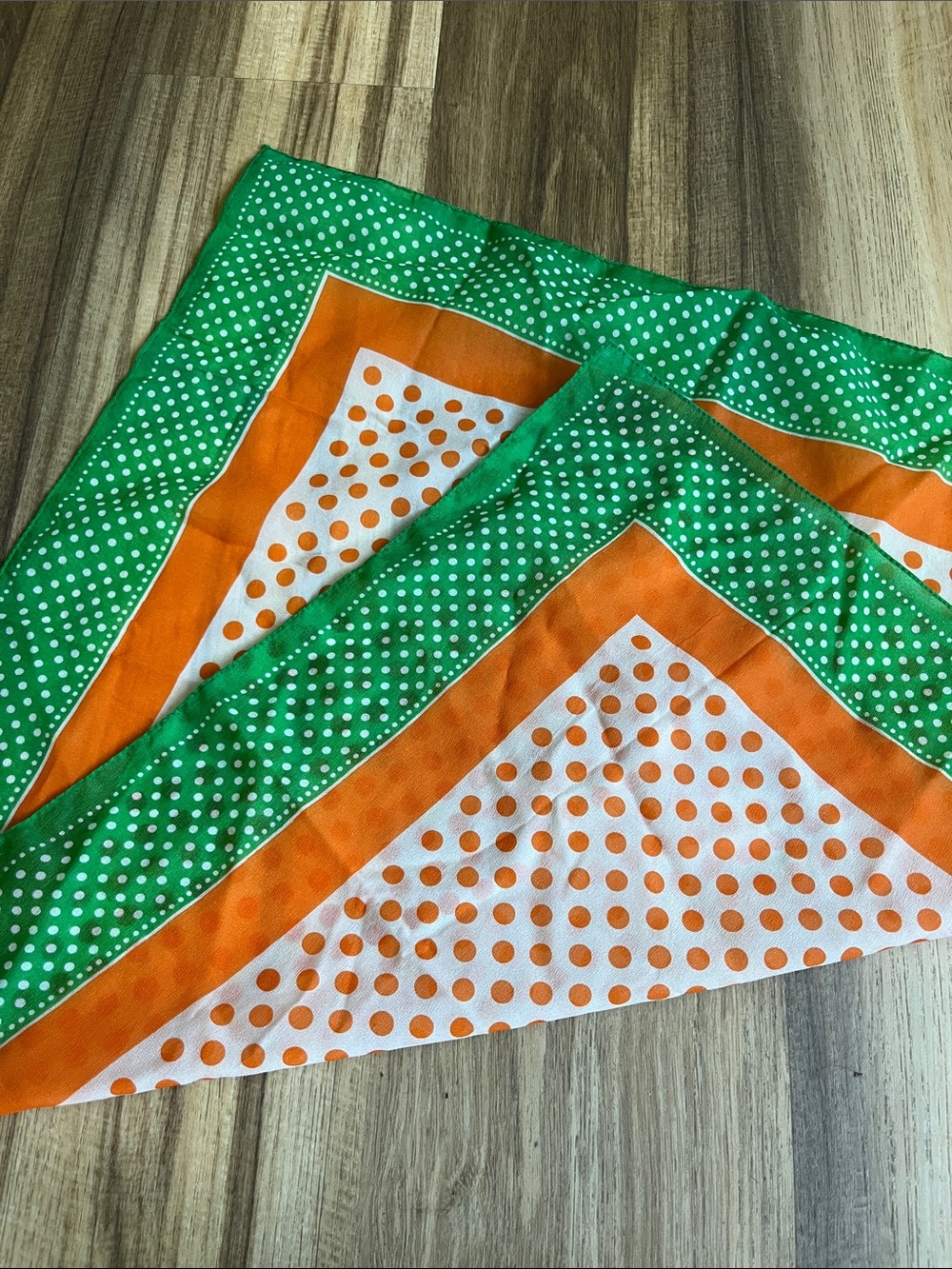 Vintage printed nylon scarf orange and green polka dots